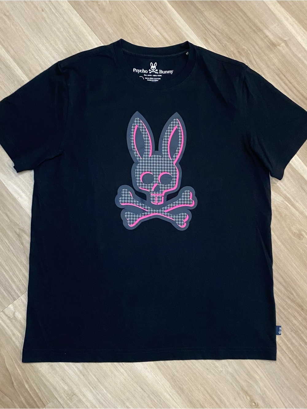 Psycho Bunny Shirt Mens 5 Medium Black Pima Cotton Pink Houndstooth Big Logo Tee